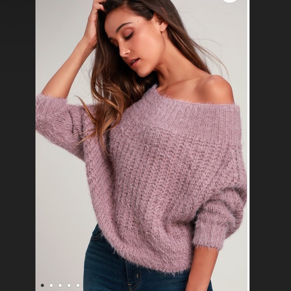 Lulus Sweaters - Lulus Carino Dusty Purple Off-the-Shoulder Fuzzy Cropped Sweater